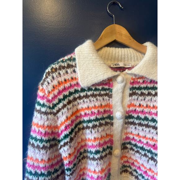 Zara | Rainbow Striped Collared Chunky Knit Cardigan | Size Small - Picture 5 of 10